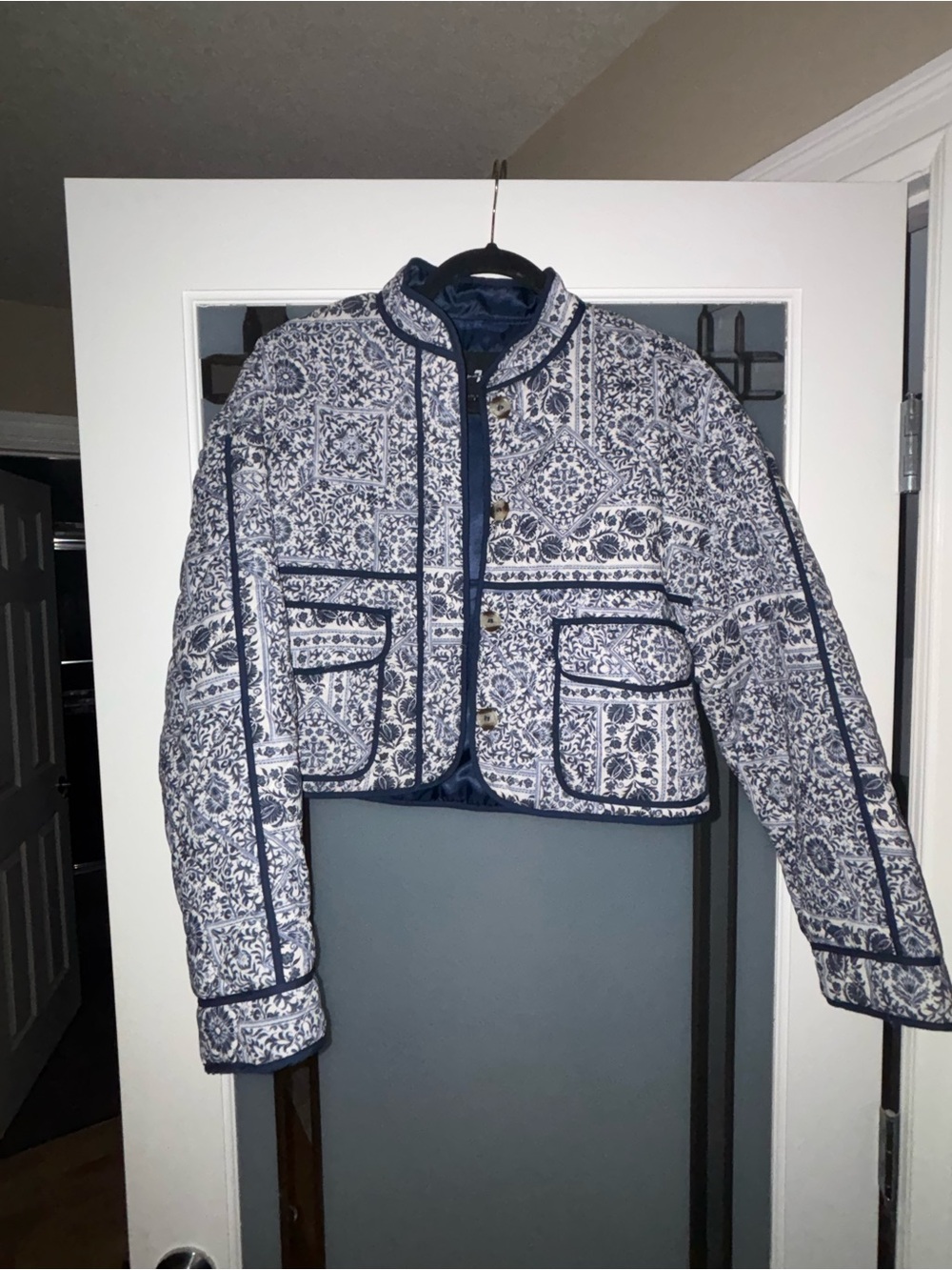 7 For All Mankind Blue and White Quilted Paisley Cropped Bomber Jacket